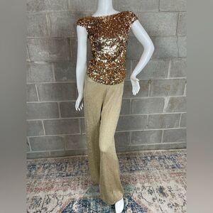 VINTAGE- Gold Knit Wide Leg Trousers Stretch Party Pants